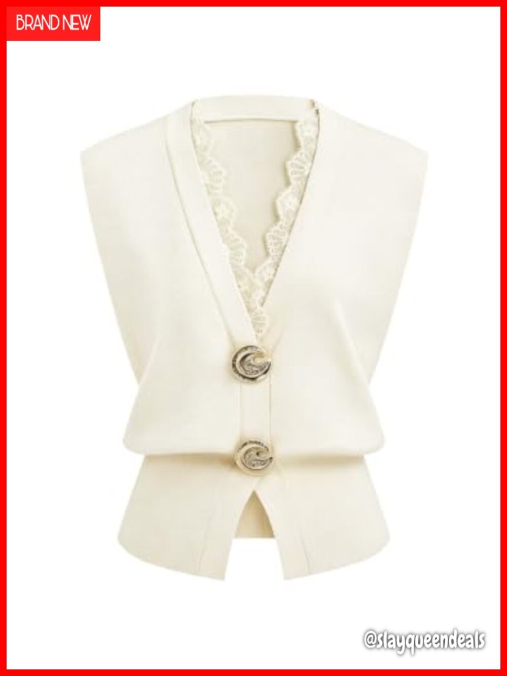 Viscose Sweater Vest Lace Trim V Neck Sleeveless Button Knit Top